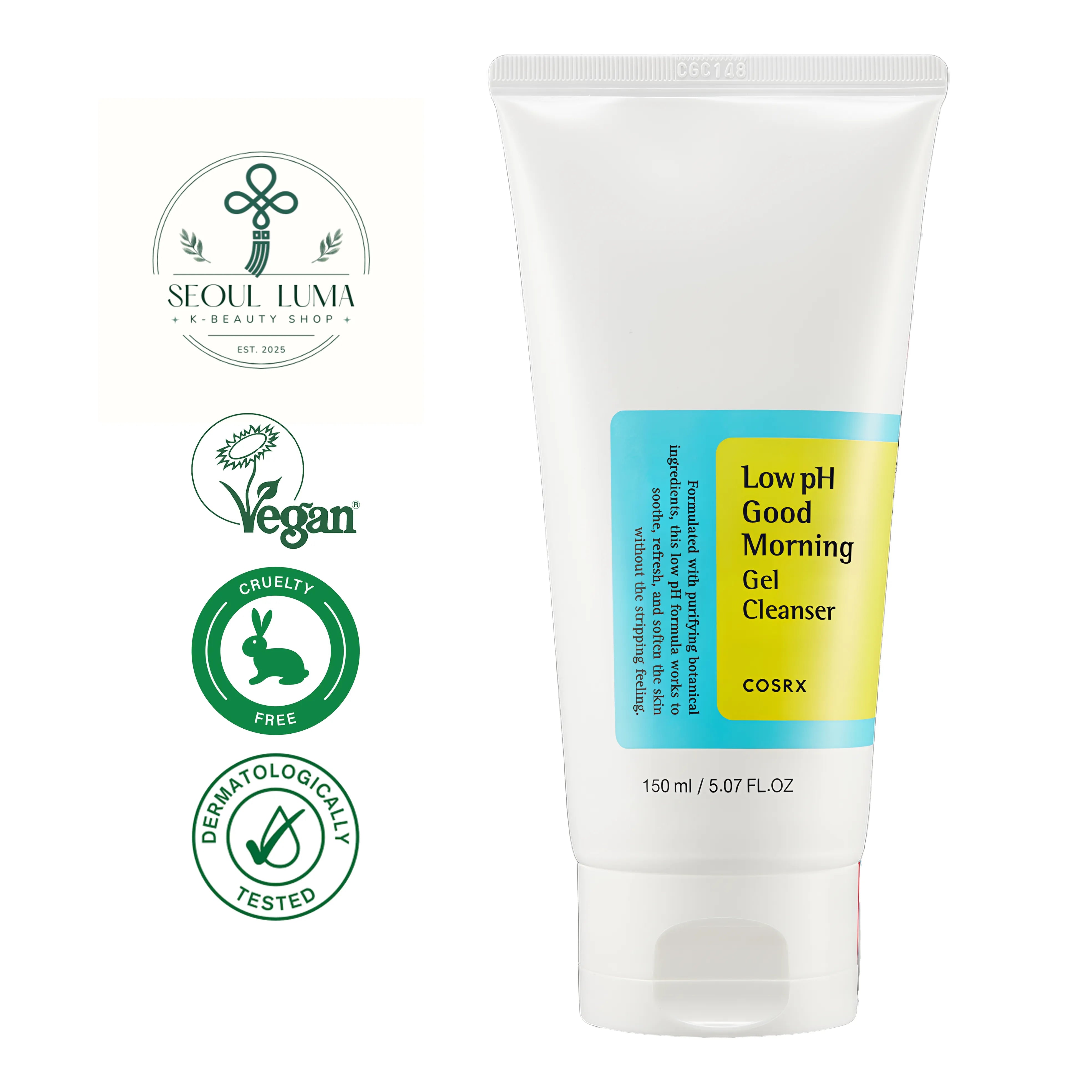 COSRX Low pH Good Morning Gel Cleanser 150ml - Gentle pH-balanced gel cleanser with tea tree oil and BHA for daily pore-purifying cleanse